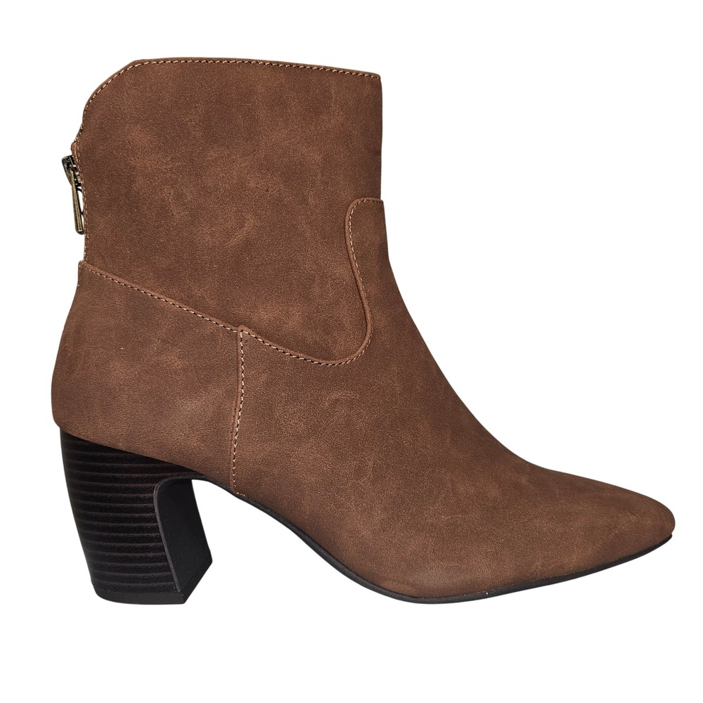 St Johns Bay Women Cognac Brown Faux Suede Ankle Boots Pointed Toe Block Heel 10